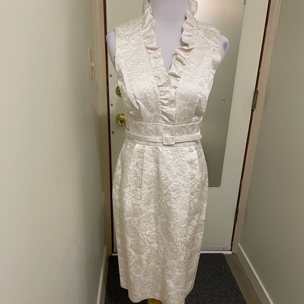 Eliza J Cream Jacquard Ruffle V-Neck Midi Dress with Belt